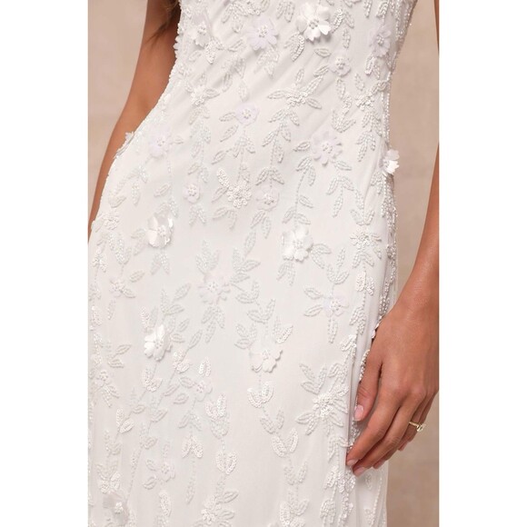Lulus Extraordinary Glamour 3D Floral Beaded Backless Maxi Wedding Dress Medium - Picture 3 of 11